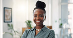 Portrait, journalist or woman with smile in agency, confident or writing career at startup publication. Professional, pride or African writer in office for project development, news story or article