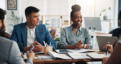 Buy stock photo Meeting, job interview and business people in office for recruitment, vacancy or hiring opportunity. Happy, discussion and hr managers with candidates for resume with onboarding process in workplace