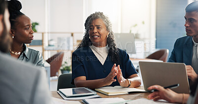 Buy stock photo Meeting, investor and business people in office, discussion and feedback for trading portfolio. Corporate professional, men and women with cooperation, planning and conversation for investment deal