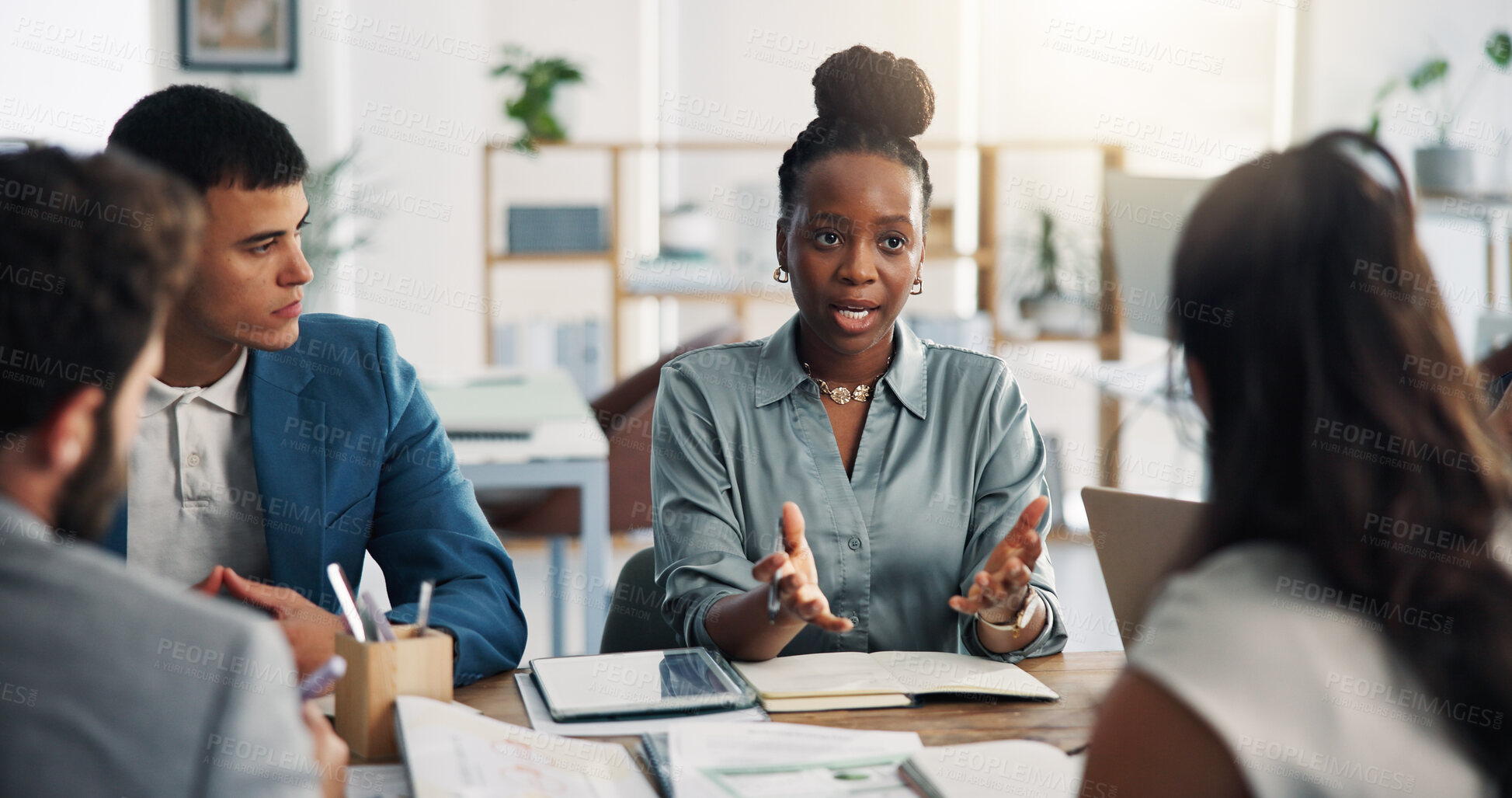 Buy stock photo Meeting, investor and woman in office, communication and feedback for trading portfolio. Professional, men and employees in workplace, cooperation and discussion for investment deal and profit growth