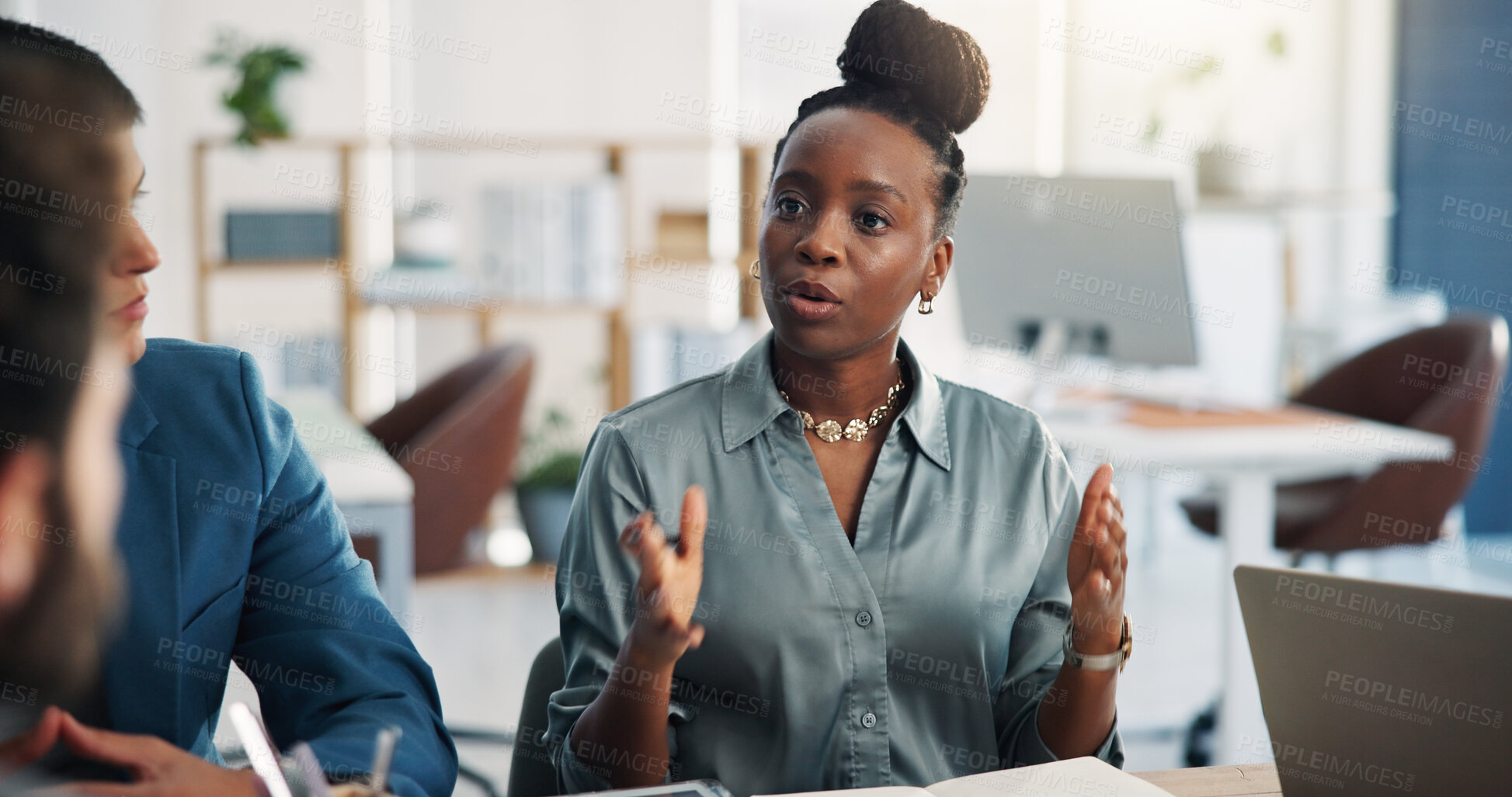 Buy stock photo Meeting, investor and business woman in office, conversation and feedback for trading portfolio. Talking, men or planning in workplace, cooperation and discussion for investment deal or company audit
