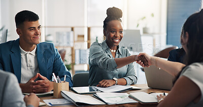 Buy stock photo Investor, handshake and business people in office, meeting and agreement for contract. Employees, shaking hands and professional in workplace, b2b deal and partnership for investment and thank you