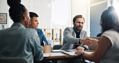 Buy stock photo Investor, handshake and business people in workplace, meeting and thank you for contract. Employees, shaking hands and professional in office, b2b deal and partnership for investment and onboarding
