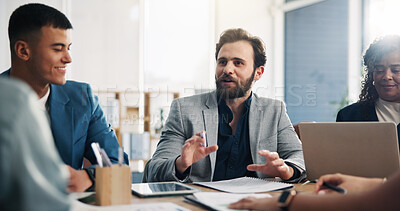 Buy stock photo Meeting, investor and business people in workplace, talking and planning for trading portfolio. Corporate professional, men and women in office, brainstorming and discussion for investment deal