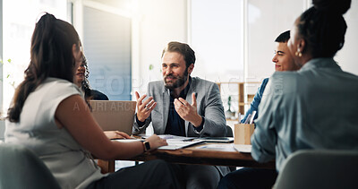 Buy stock photo Meeting, investor and business people in office, conversation and feedback for trading portfolio. Corporate professional, men and women in workplace, cooperation and discussion for investment deal