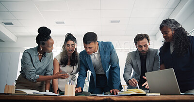 Buy stock photo Business people, documents and planning at startup, discussion and collaboration at media company. Team, group and review with low angle, feedback or research with article development at press agency