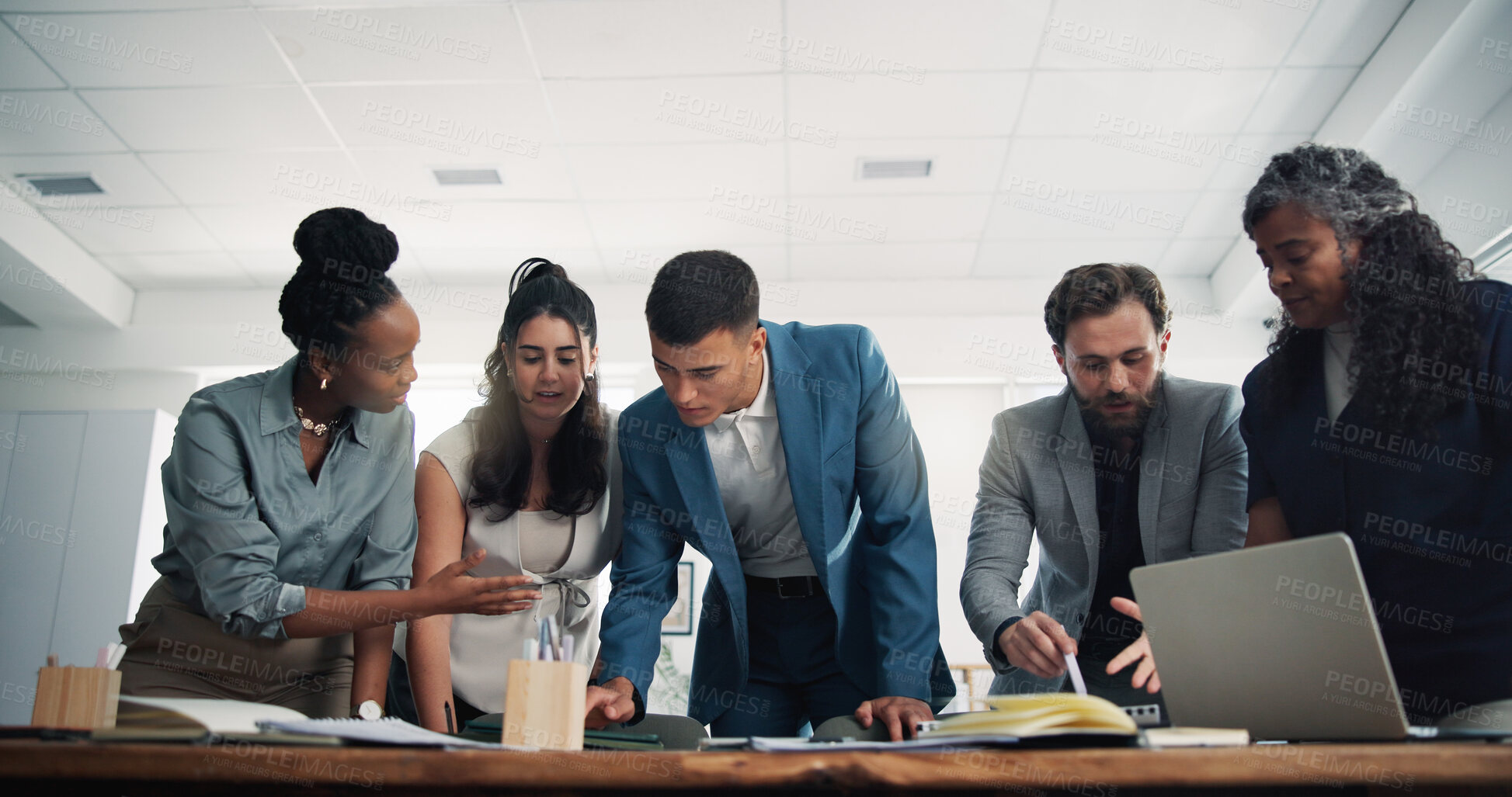 Buy stock photo Business people, documents and planning at startup, discussion and collaboration at media company. Team, group and review with low angle, feedback or research with article development at press agency