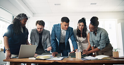 Buy stock photo Meeting, investor or business people in office, cooperation or feedback for trading portfolio. Professional, men or women in workplace, planning or discussion for investment deal or process for audit