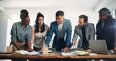 Buy stock photo Meeting, investor and business people with planning, speaking and progress for trading portfolio. Corporate professional, men and women in office, economy analysis and discussion for investment deal