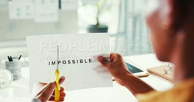 Buy stock photo Hands, cutting and text for motivation, office and scissors to remove impossible on paper or letters. Editing, message and person with tool for word transformation, change and positive affirmation