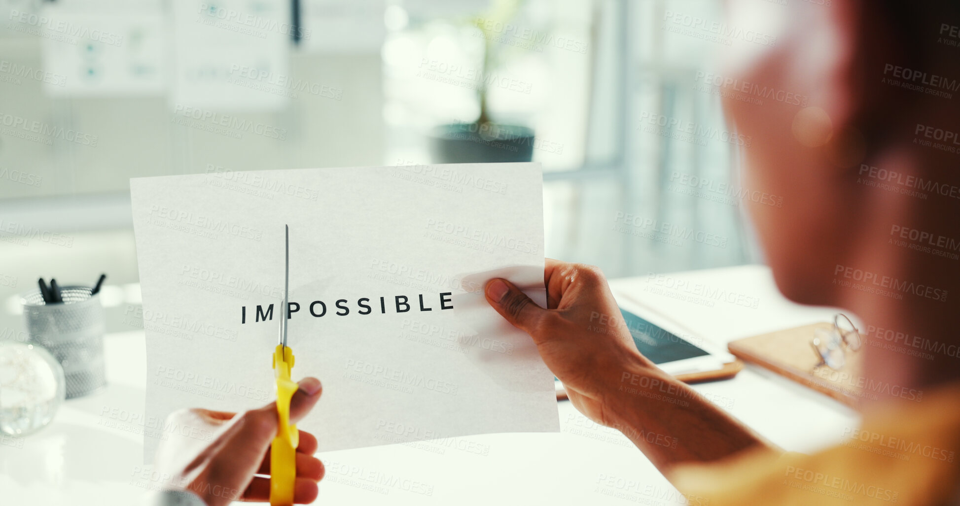 Buy stock photo Hands, cutting and text for motivation, office and scissors to remove impossible on paper or letters. Editing, message and person with tool for word transformation, change and positive affirmation