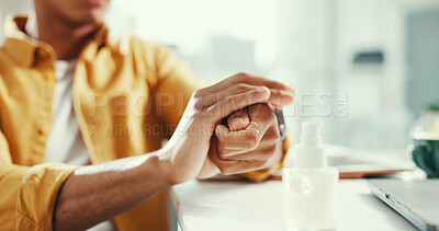Buy stock photo Office, sanitizer and hands of business man for bacteria, germ prevention and disinfection. Professional, startup and person with antibacterial bottle for hygiene, cleaning and virus protection
