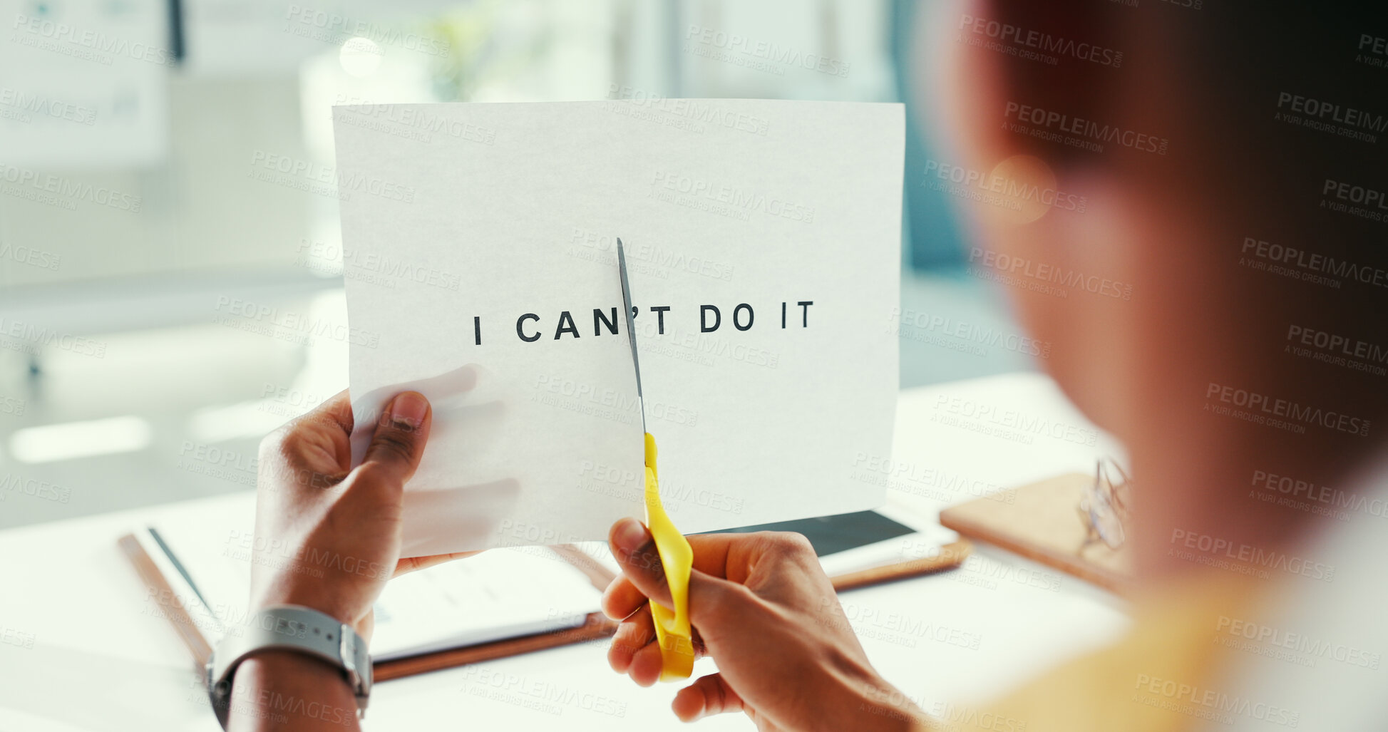 Buy stock photo Hands, cutting and word for motivation, office and scissors to remove negative letters and document. Editing, message and person with tool for I can transformation, change and positive affirmation