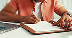 Hands, writing and man in office, notebook and story planning for submission, agenda and schedule. Closeup, person and journalist in workplace, documents or ideas for column, news summary or research