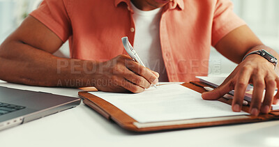 Buy stock photo Hands, writing or man in office, notebook and story planning for submission, agenda and schedule. Signature, person or journalist in workplace, documents or ideas for column, news summary or research