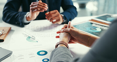 Buy stock photo Hands, documents and financial advisor in client, meeting and feedback for trading portfolio. Closeup, professional and people in office, talking and consultation for profit growth or investment deal