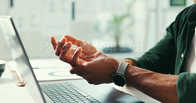 Buy stock photo Journalist, hands and man with laptop, wrist pain and inflammation with deadline pressure. Copywriting, strain or person in office, pc and joint injury with carpal tunnel, arthritis or nerve tension
