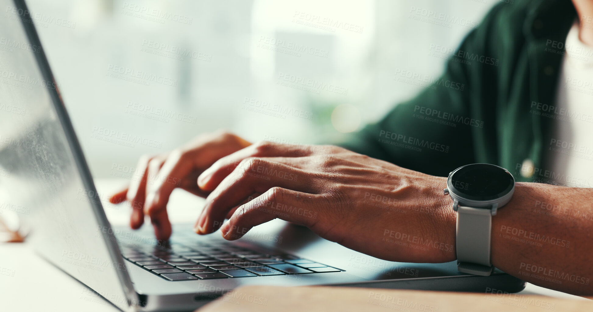 Buy stock photo Hands, internet and man in office, laptop and research for news report, submission and typing. Closeup, journalist and person with pc, content writer and creativity for article, proofreading or email