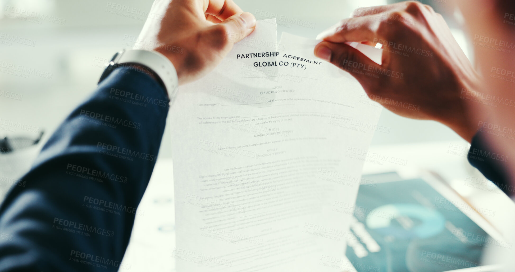 Buy stock photo Business person, hands and tear with contract for rejection, broken agreement or refusal in office. Employee, partnership or no with application for proposal dismissal, bad deal or job termination