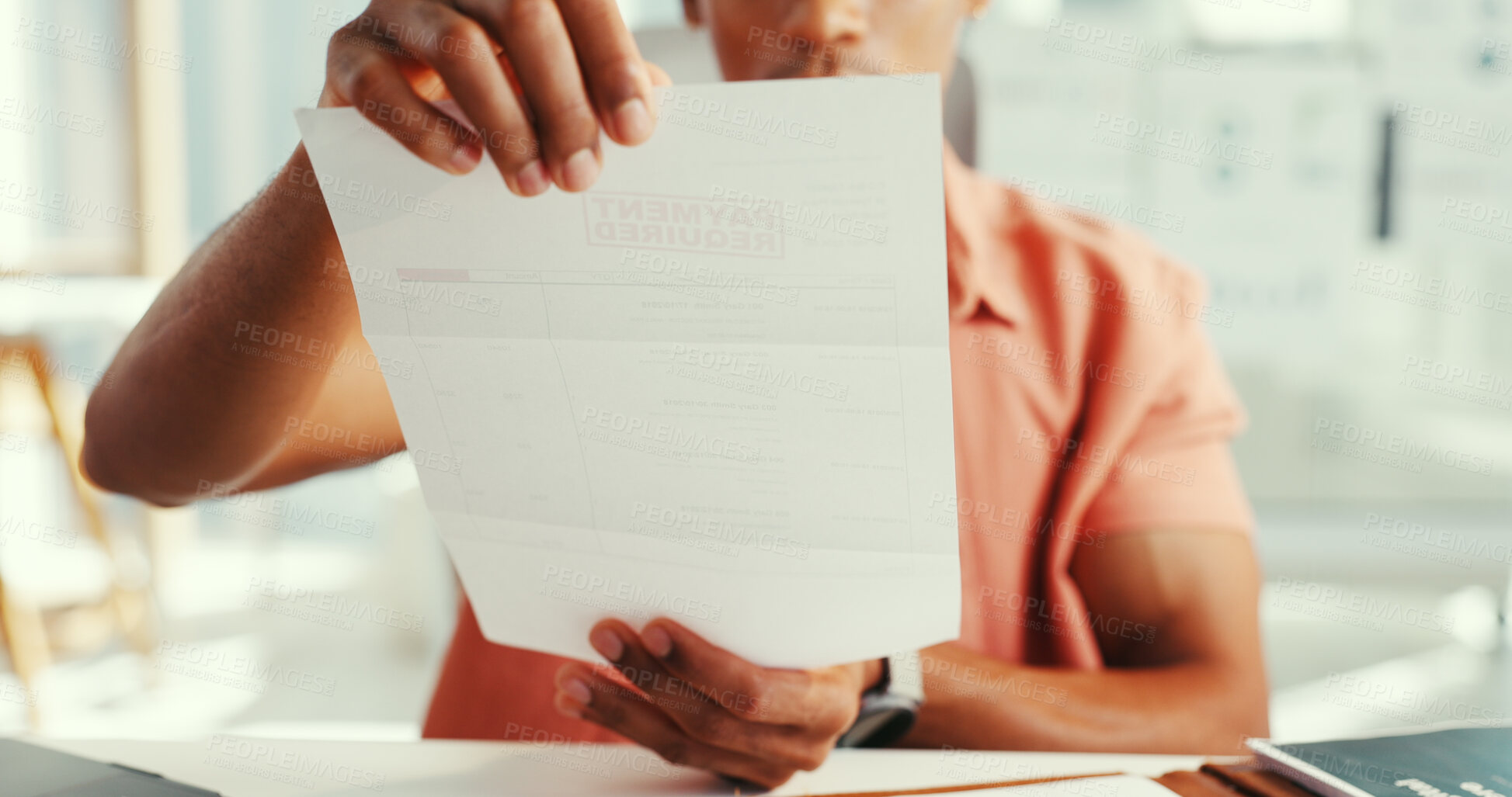 Buy stock photo Hands, man and overdue document in office for payment required, invoice and finance reminder. Male person, reading and paperwork with financial notice, debt settlement and bank letter for unpaid loan