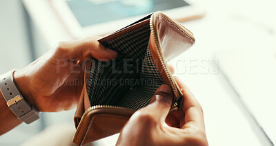 Buy stock photo Empty wallet, hands and person in office with bankruptcy, inflation or financial crisis. Broke, debt and employee with purse for overspending money with cashless finance in bad economy at workplace.