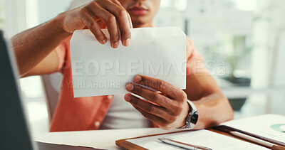 Buy stock photo Letter, envelope and hands of businessman in office for mail delivery, salary cheque and payment. Startup, professional and person with paper, document and report for invoice, wage and earnings
