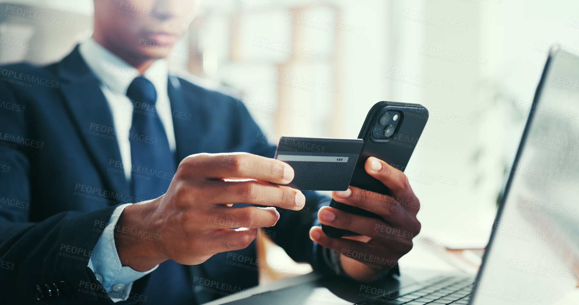 Buy stock photo Hands, credit card and laptop at office with smartphone, investment and fintech for easy payment. Person, computer and broker with online shopping, bills and scroll on mobile app at financial agency