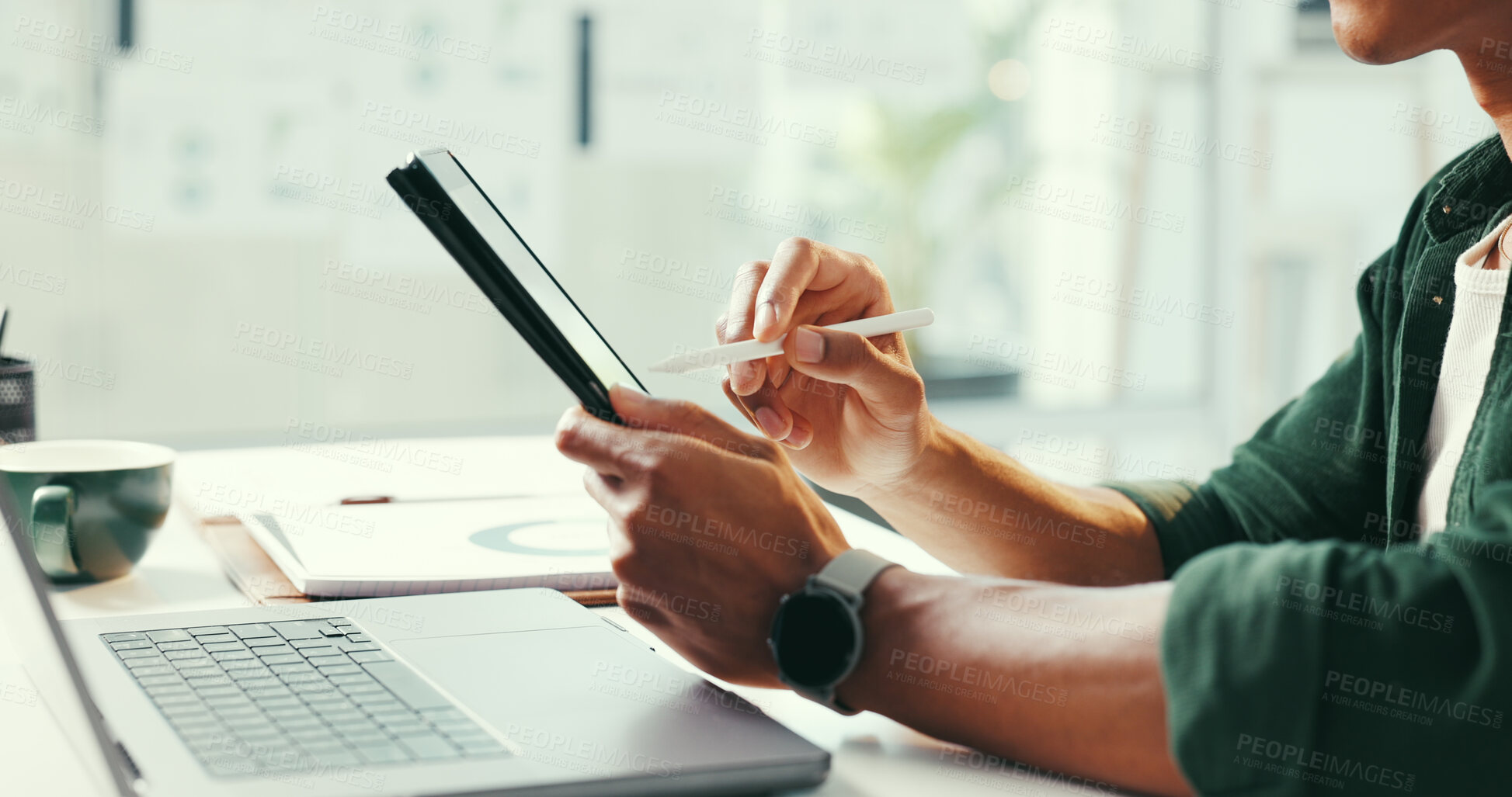 Buy stock photo Person, hands and writing in office with tablet, laptop and idea planning for web design company. Digital designer, man and creativity in workplace with tech, site testing and stylus for project.