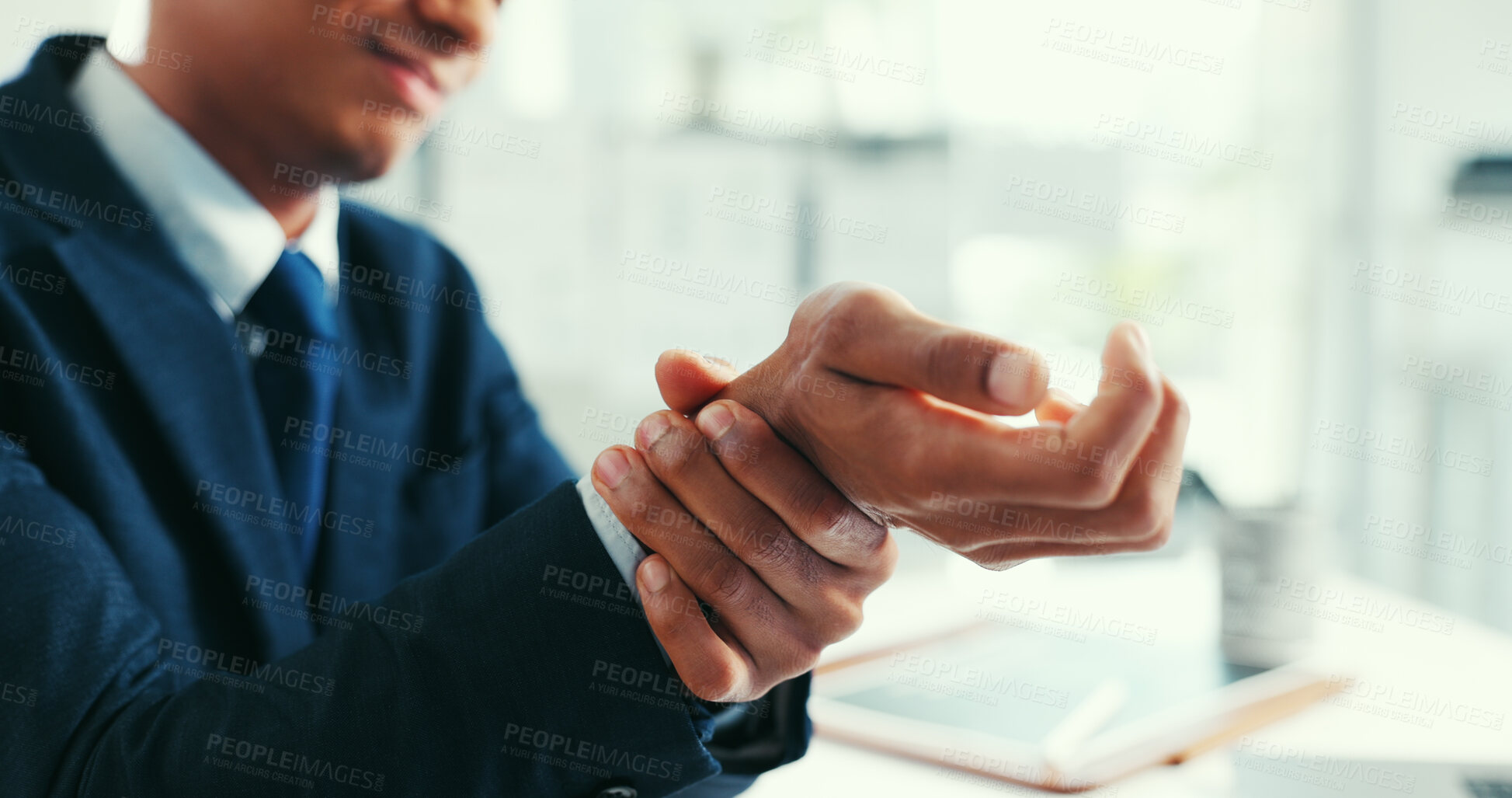Buy stock photo Hurt, businessman or hands in office with wrist pain, carpal tunnel syndrome or arthritis from fatigue. Tired, person or burnout in workplace from joint inflammation, fibromyalgia discomfort or issue