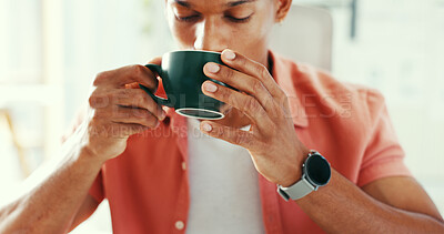Buy stock photo Man, drinking coffee and relax in office for thinking, journalism inspiration and idea for article. Person, caffeine beverage or reflection in workplace for news report planning, hydration or energy.