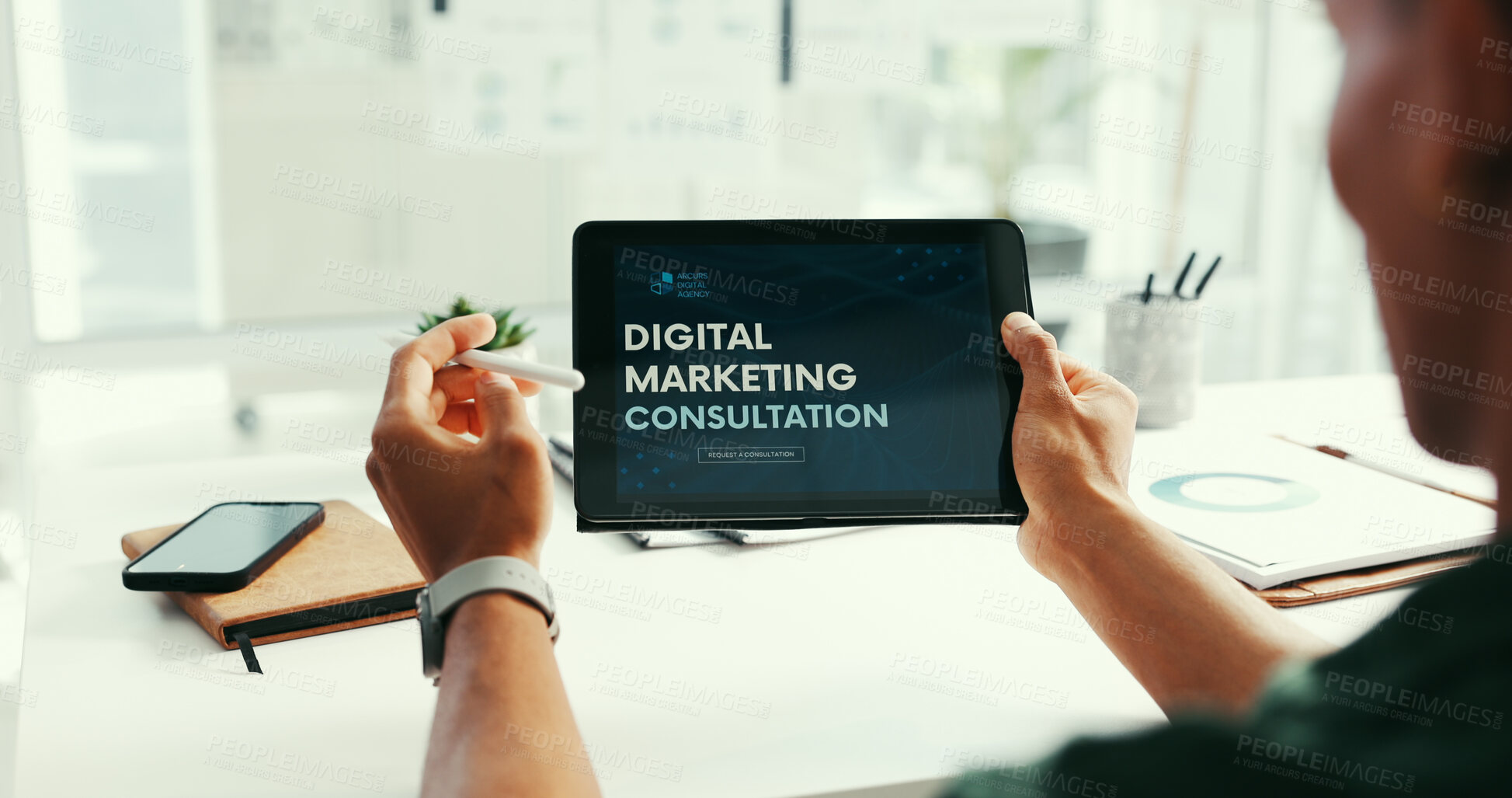 Buy stock photo Man, hands and browsing in office with tablet screen, online platform or website for digital marketing. Person, technology or internet with application, brand development consultation or advertising.