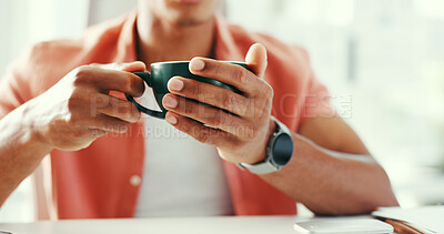 Buy stock photo Man, hands and cup in office with coffee, journalism contemplation and idea for media publication. Person, hot beverage or caffeine in workplace with hydration, reflection and energy for news report.