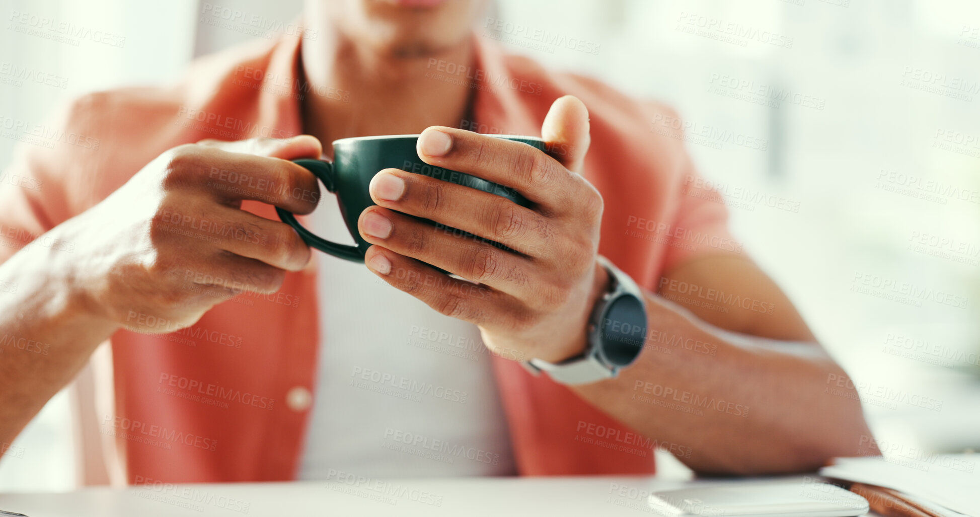 Buy stock photo Man, hands and cup in office with coffee, journalism contemplation and idea for media publication. Person, hot beverage or caffeine in workplace with hydration, reflection and energy for news report.