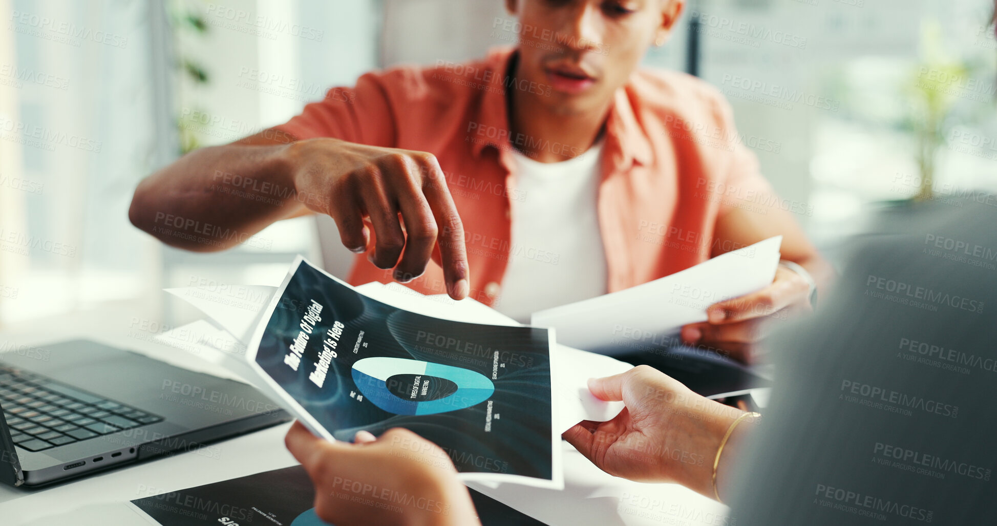 Buy stock photo Office, discussion and hands with paperwork, meeting and planning for digital marketing with charts. Advertising, performance review and people with documents for data analysis, stats and strategy