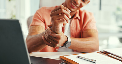 Buy stock photo Content writer, hands and man with laptop, wrist pain and carpal tunnel with deadline pressure. Nerve tension, strain or person in office, pc and joint injury with arthritis, burnout or inflammation