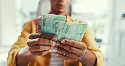 Buy stock photo Hands, money and man in office, counting and finance management with economic growth. Savings, entrepreneur and person in workplace, budget control and cash for startup, payment or investment funding