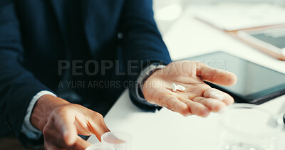 Buy stock photo Hands, business and man in office, pills and investor with supplements, recovery and healing. Financial advisor, pharmaceutical help and person with tablets, medicare and vitamins for pain relief