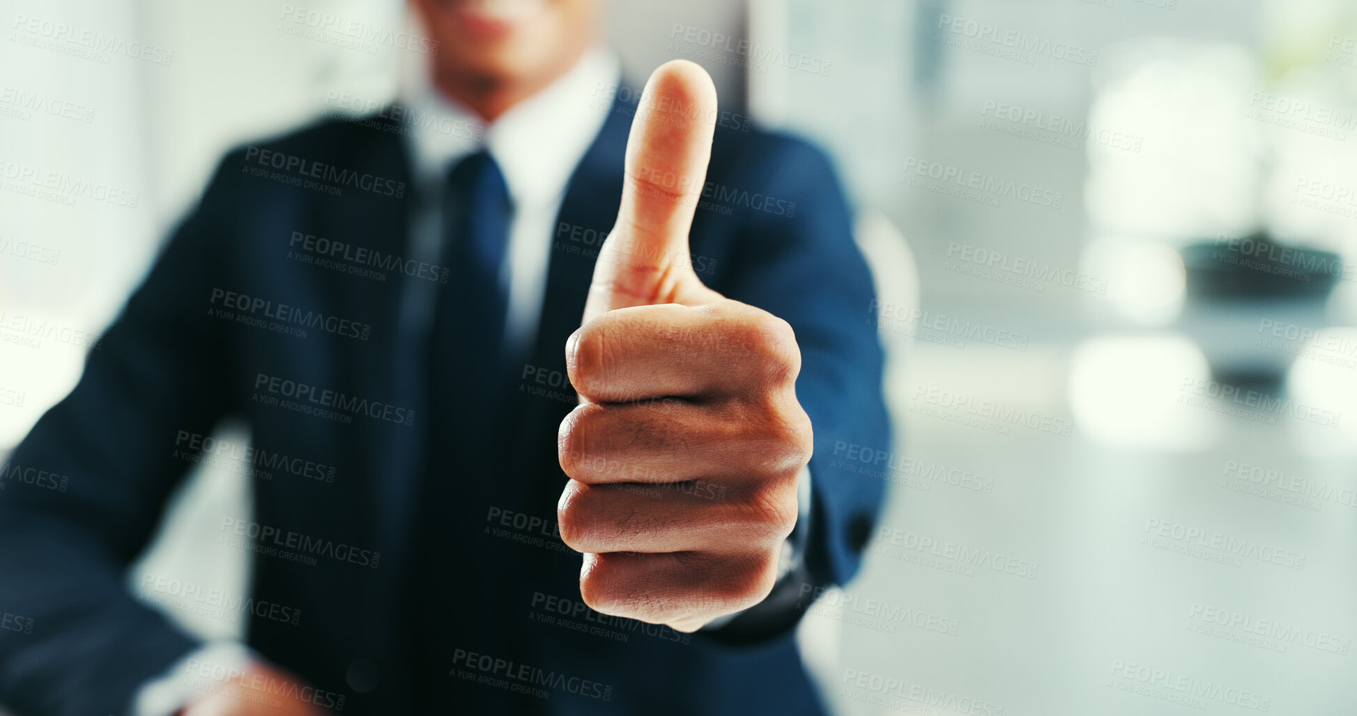 Buy stock photo Businessman, hand and good job with thumbs up for feedback, well done or approval in office. Closeup, man or employee with like emoji, yes sign or OK for positive result, thank you or satisfaction