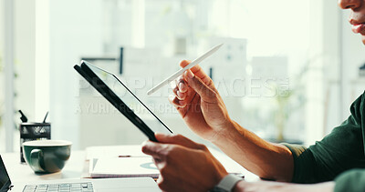 Buy stock photo Man, hands or stylus in office with tablet, online research or idea planning for web design company. Digital designer, person and creativity in workplace with tech, site testing or review for project
