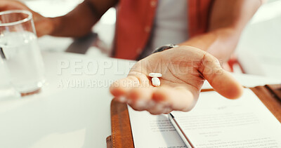 Buy stock photo Hands, business and person with medication tablet for prescription, magnesium and drugs dosage. Employee, pills and water for pain relief, supplements and pharmaceutical for adhd treatment for health