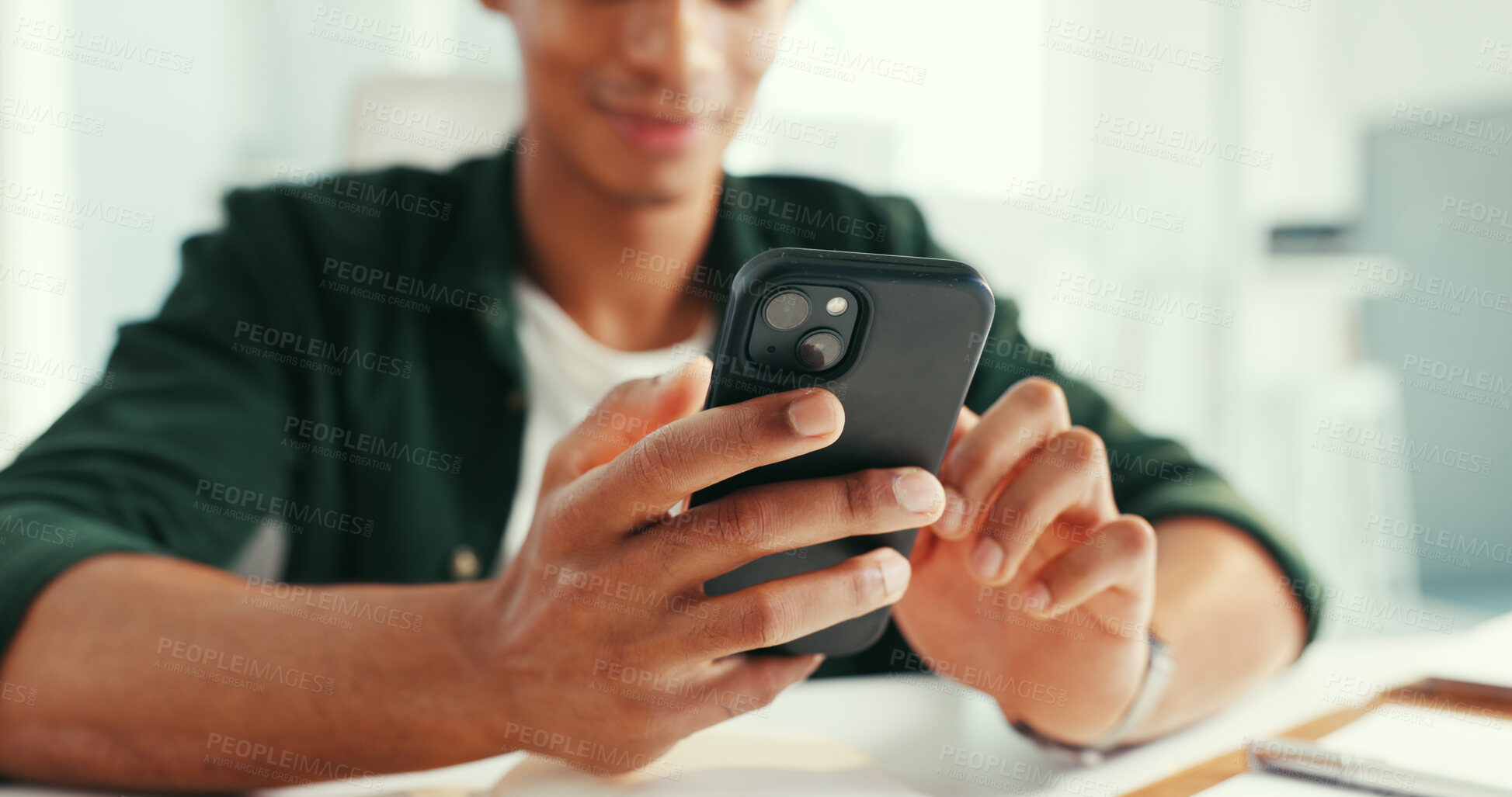 Buy stock photo Man, hands and typing in office with phone, research and check insight for social media marketing. Person, scroll or browse in workplace with tech, notification and SEO report for online advertising.