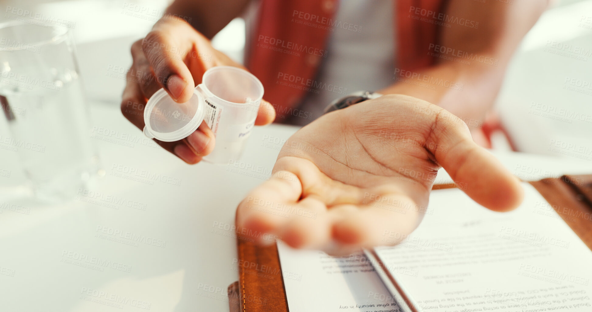 Buy stock photo Person, hands and container with pills in office for medication, antibiotic or medical prescription. Closeup, employee or tablets with pharmaceuticals for health symptoms, dosage or cure in workplace