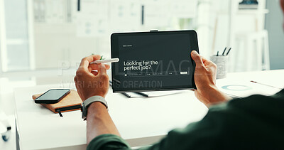 Buy stock photo Man, hands and research in office with tablet screen, online hiring platform or website for job vacancy. Person, browse or tech with internet, site testing or digital app development for recruitment.