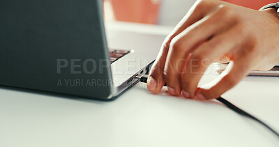 Buy stock photo Hands, person and charge laptop with cable to transfer data, download app and internet access. Employee, port and pc for programming software, system update and backup for troubleshooting maintenance