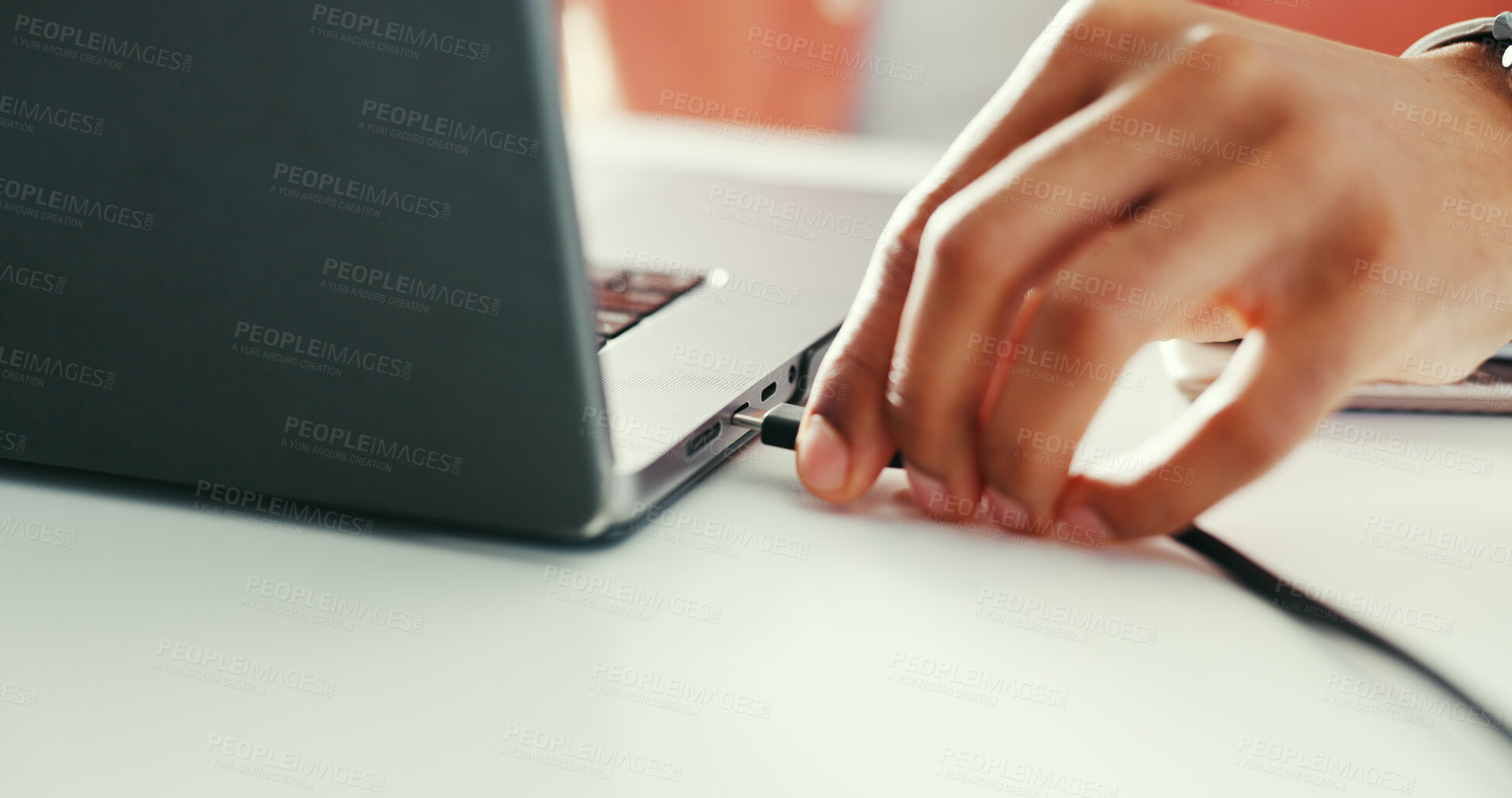 Buy stock photo Hands, person and charge laptop with cable to transfer data, download app and internet access. Employee, port and pc for programming software, system update and backup for troubleshooting maintenance