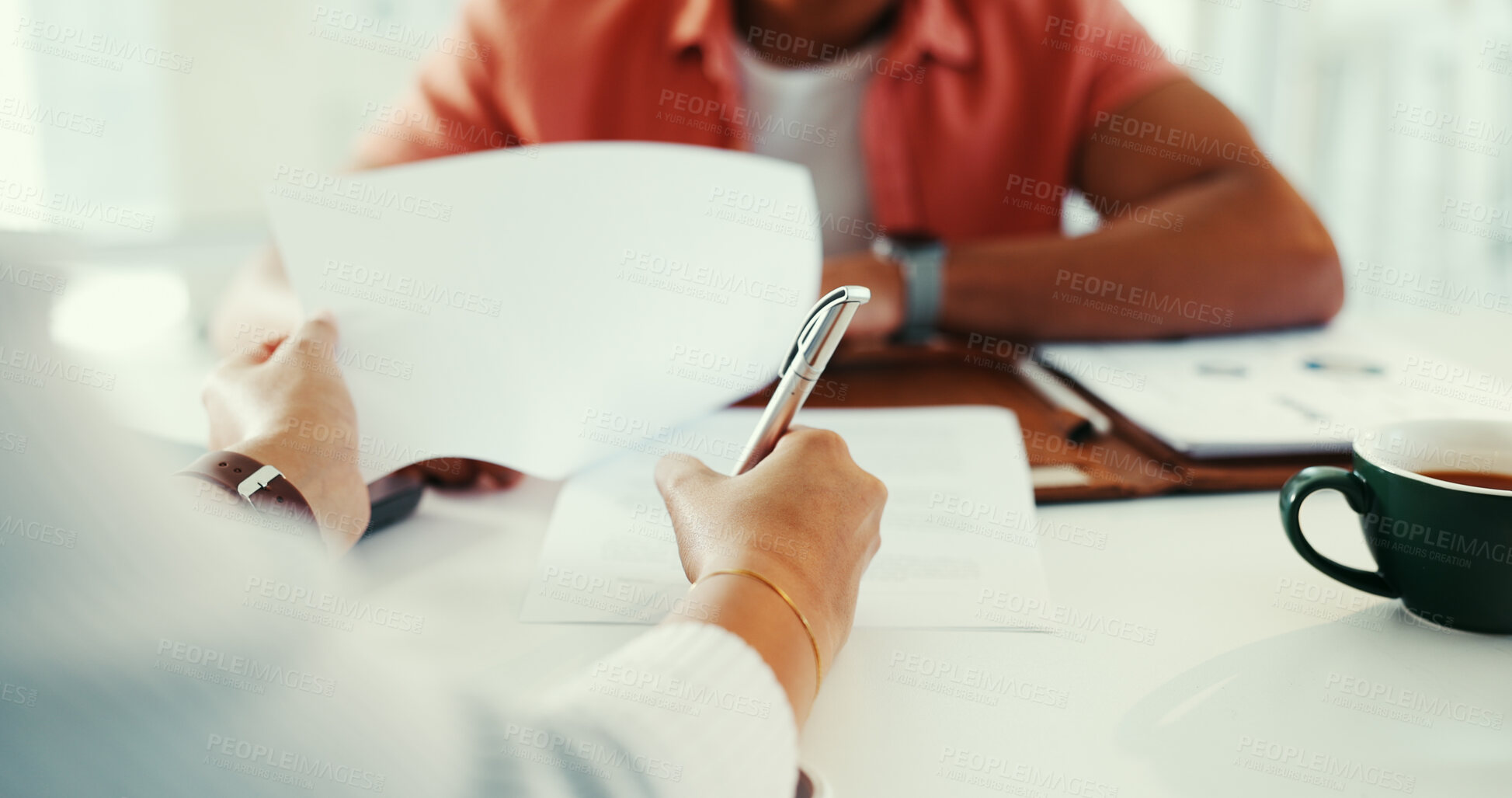Buy stock photo Hands, signature and documents with interview at office, startup and meeting with contract for hiring. People, human resources and paperwork with agreement, b2b collaboration or recruitment at agency