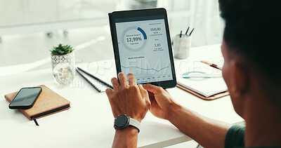 Buy stock photo Hands, tablet and screen with graphs at office, startup and accounting software for cashflow stats. Person, tech and review charts on app, scroll and insight with report, income or profit at agency