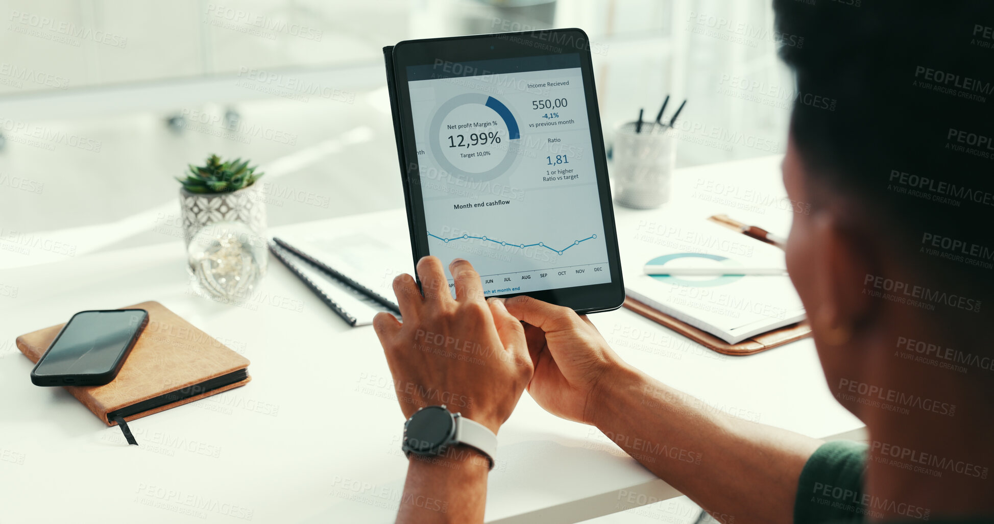 Buy stock photo Hands, tablet and screen with graphs at office, startup and accounting software for cashflow stats. Person, tech and review charts on app, scroll and insight with report, income or profit at agency