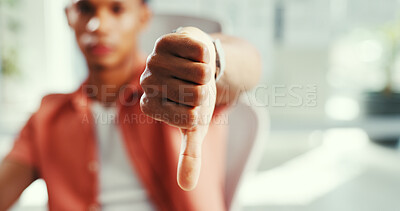 Buy stock photo Businessman, hands and rejection with thumbs down for feedback, disapproval or deny in office. Closeup, man or employee with dislike emoji, no sign or wrong dismissal for negative results or refusal