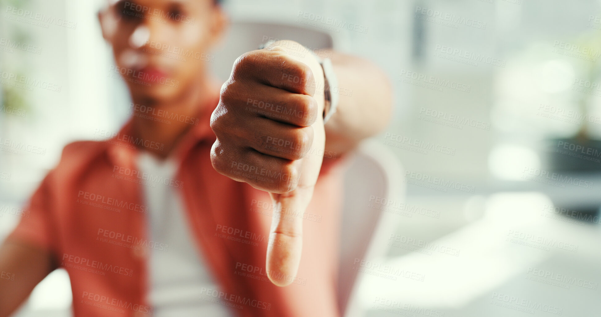 Buy stock photo Businessman, hands and rejection with thumbs down for feedback, disapproval or deny in office. Closeup, man or employee with dislike emoji, no sign or wrong dismissal for negative results or refusal